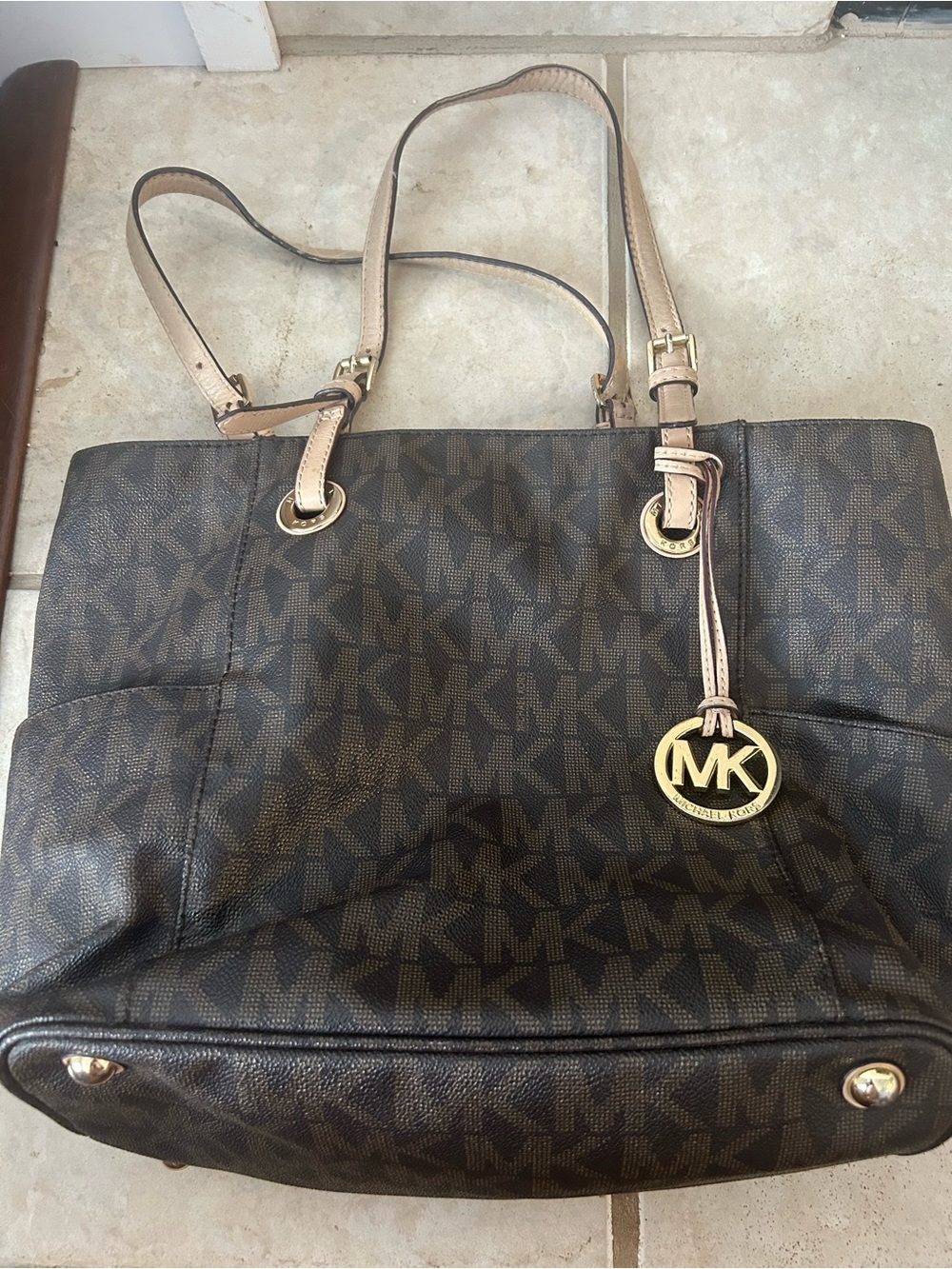 Michael Kors Dark Brown MK Logo Tote with Gold Charm